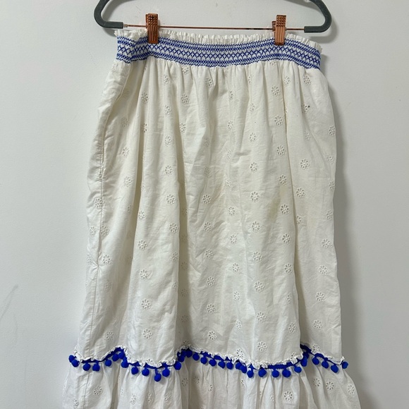 J. Crew Dresses & Skirts - J. Crew White Midi Skirt with Blue‎ Accents eyelet cotton lined large *stain*